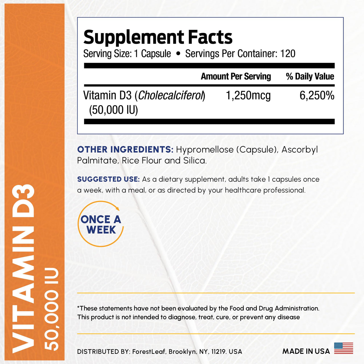 ForestLeaf Vitamin D3 50,000 IU | VIT D - Kosher VIT D3 Vitamin D Supplement for Women and Men | Bone Health, Teeth, Immune Support | Weekly Dose, 2-Year Supply, 120 Caps