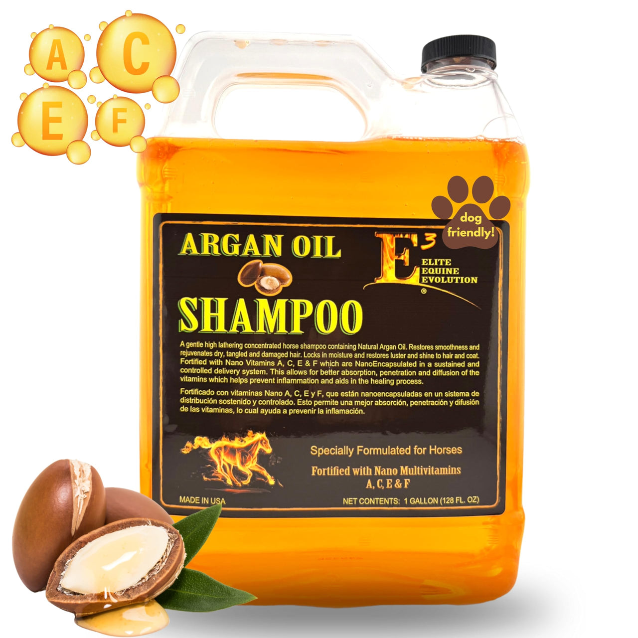 E3 Argan Oil Shampoo - Luxurious Pet Grooming Solution for Nourished & Rejuvenated Coat - Enriched with Hydrating Argan Oil for Lustrous Shine - Ideal for Horses - Deep Conditioning (1 gal), Brown