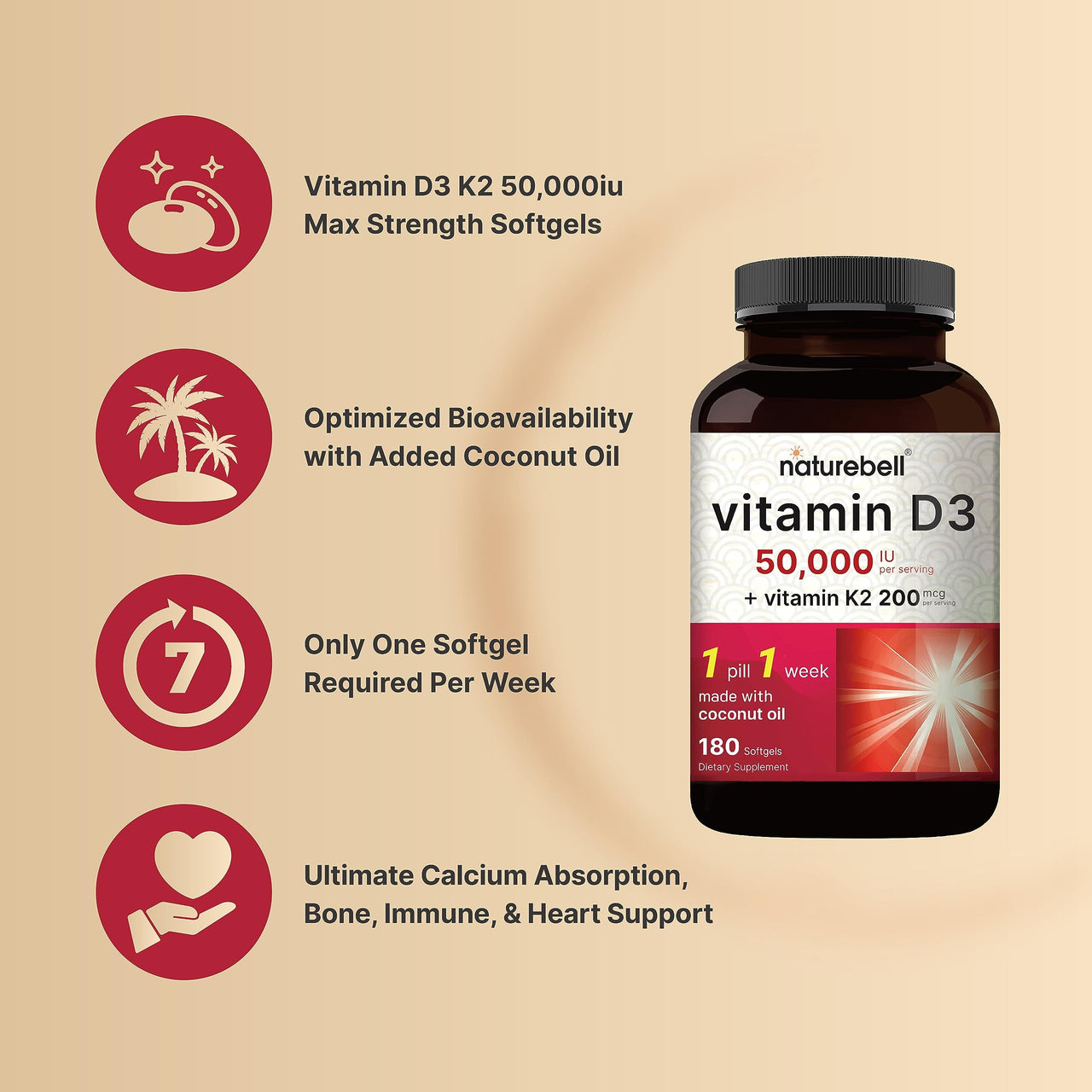 NatureBell Vitamin D3 50,000 IU with Vitamin K2-180 Softgels - High-Potency Bone & Immune Support* - Easy Absorption with Coconut Oil - Non-GMO & Gluten-Free