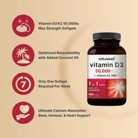 Thumbnail for NatureBell Vitamin D3 50,000 IU with Vitamin K2-180 Softgels - High-Potency Bone & Immune Support* - Easy Absorption with Coconut Oil - Non-GMO & Gluten-Free