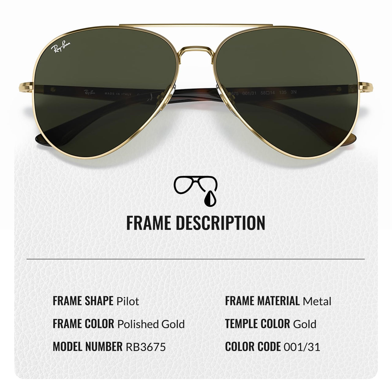 Ray-Ban RB3675 Aviator Shape Sunglasses With Eyewear Kit Bundle - Adjustable Nose Pads - Ideal Formal and Casual Wear Retro Sunglasses