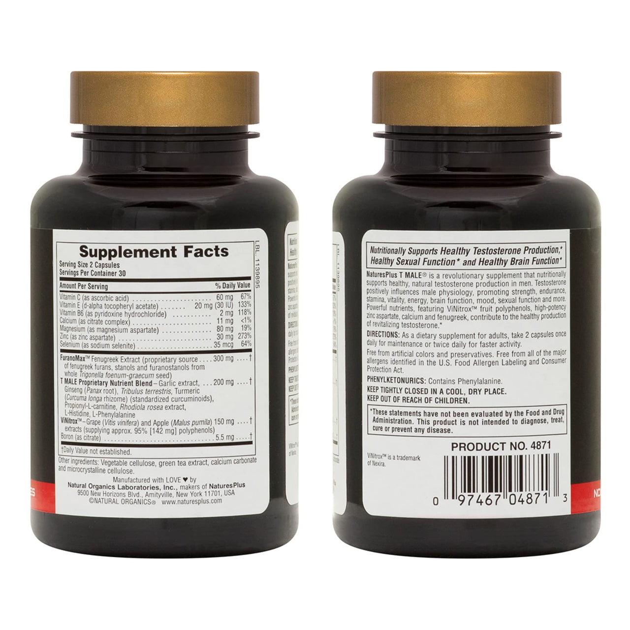 NaturesPlus T Male - 60 Vegetarian Capsules - Promotes Muscle Gain & Stamina, Mood Enhancer - Gluten Free - 30 Total Servings