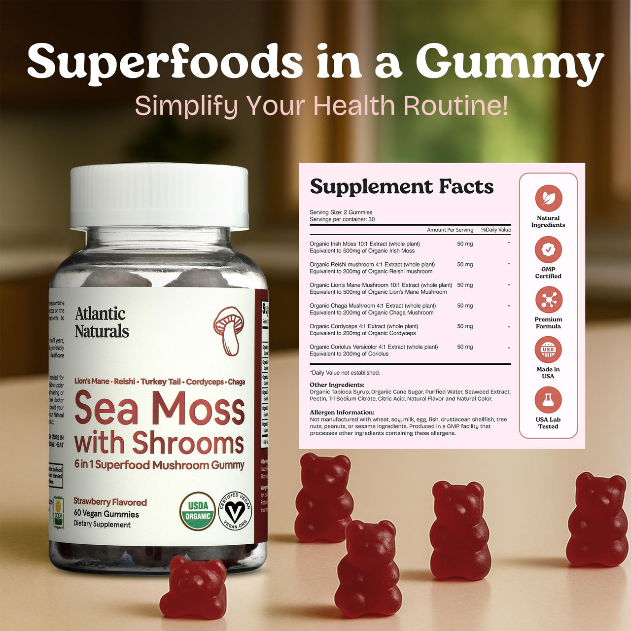 Atlantic Naturals Sea Moss Gummies with Lions Mane Mushroom | Sea Moss Gel Alternative with Irish Sea Moss Reishi, Cordyceps Chaga & Turkey Tail Supplement | Helps Immunity Energy & Focus | 60 Gummies