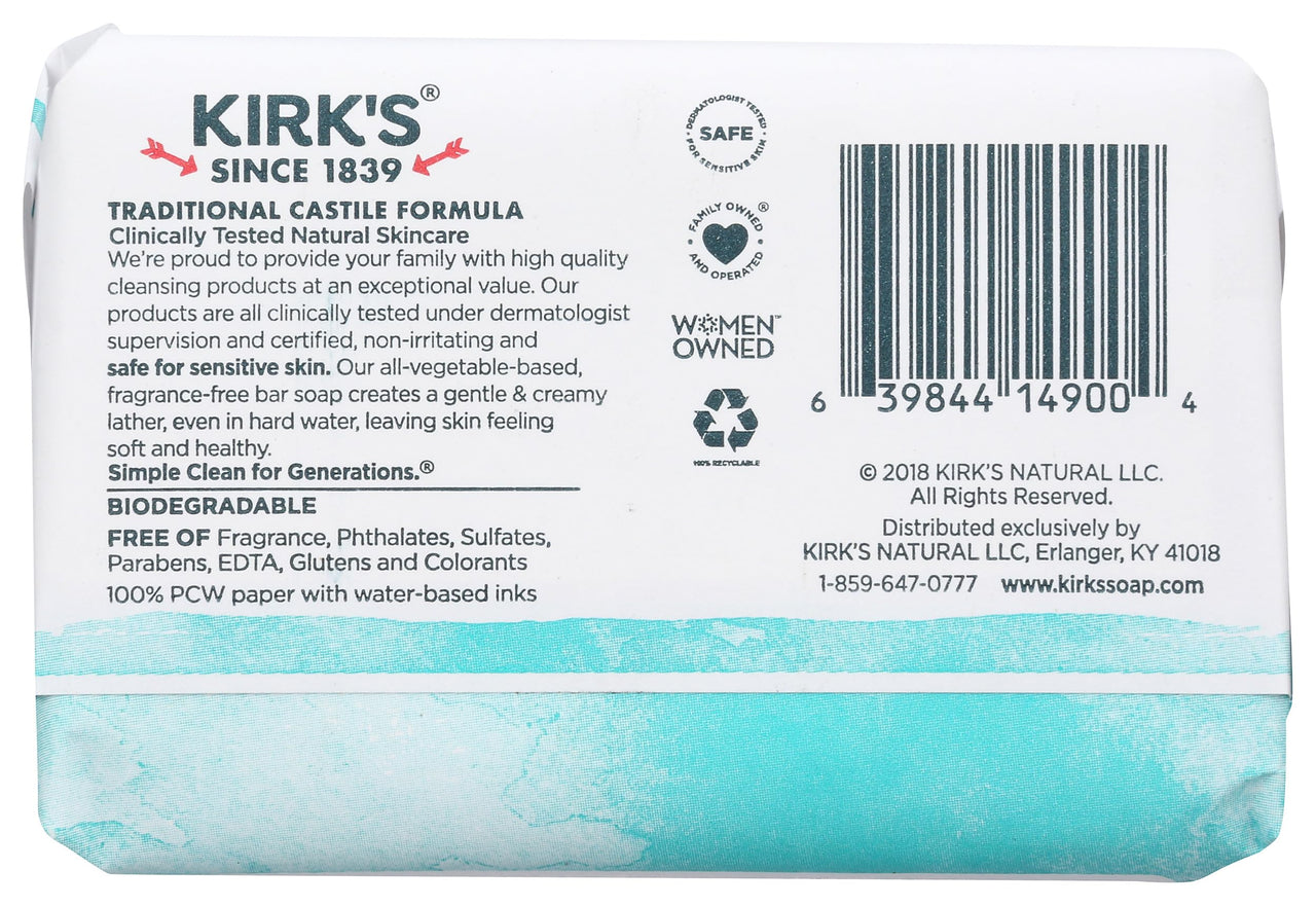 Kirk's Natural Original Coco Castile Soap Fragrance Free, 4 Ounce (Packaging may Vary)