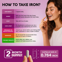 Thumbnail for Iron Supplement for Women - Iron 65mg (Ferrous Sulfate 325mg) - Stomach Friendly | Slow Release Iron | High Absorption - Vitamins C, D3, B6, B12 & Folate - Iron Level & Energy Support - 60 Capsules