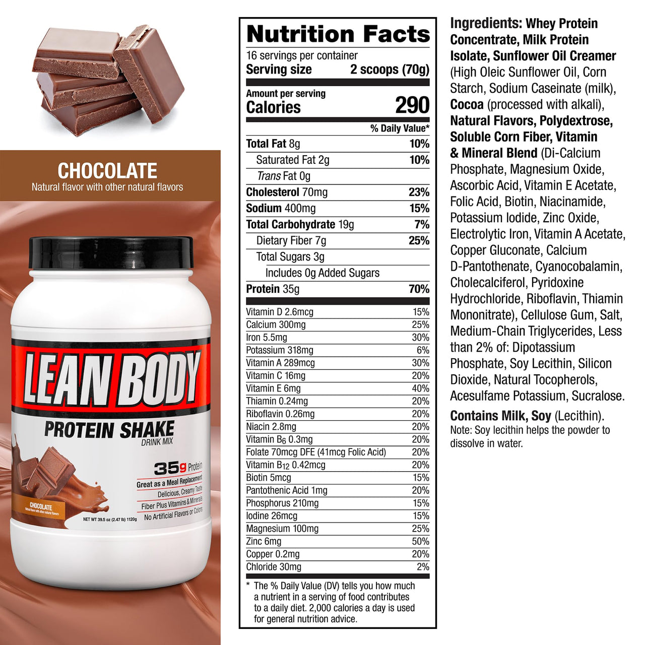 Lean Body All-in-One Chocolate Meal Replacement Shake. 35g Protein, Whey Blend, 7g Healthy Fats & Fibre, 22 Vitamins and Minerals, No Artificial Colours, Gluten Free LABRADA