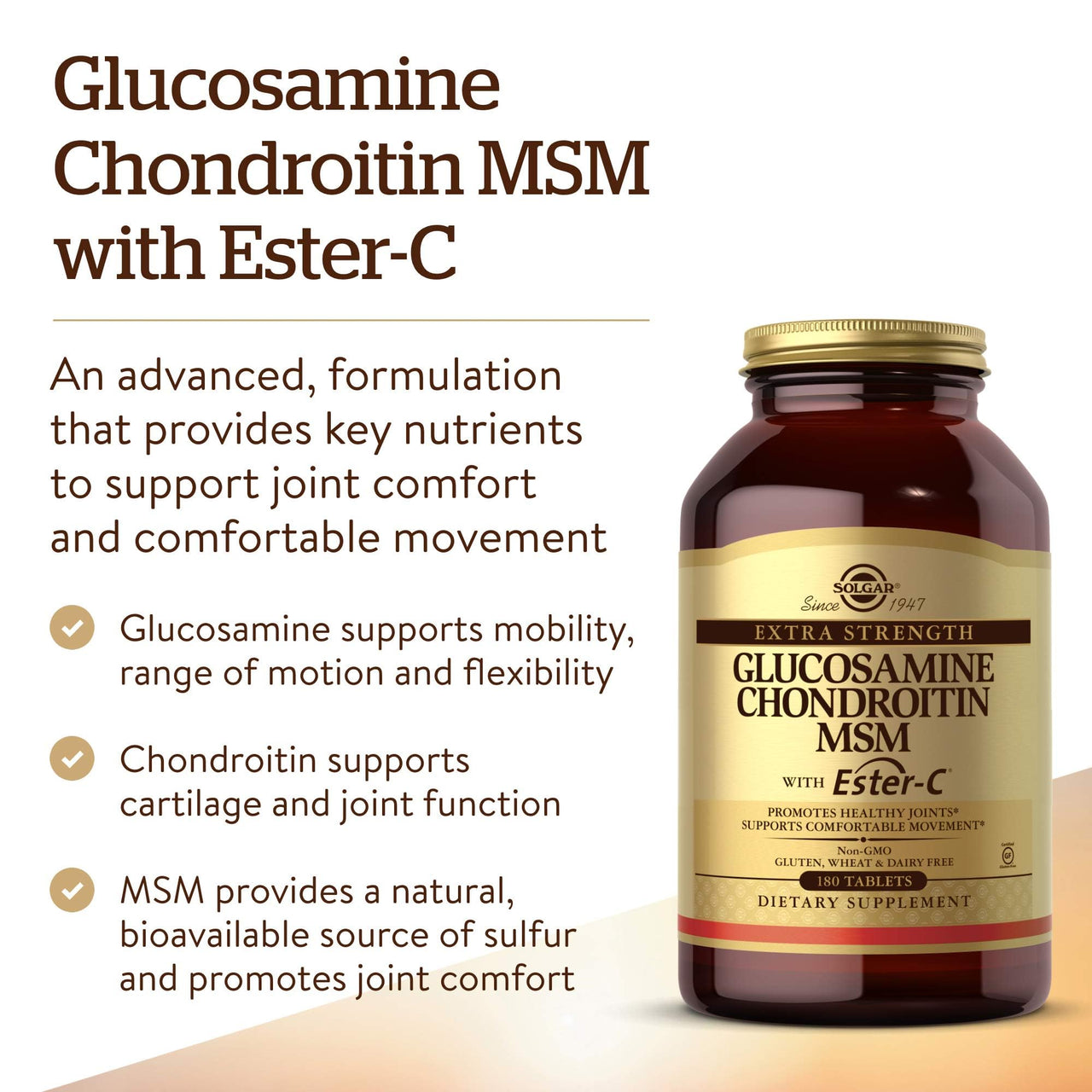 Solgar Extra Strength Glucosamine Chondroitin MSM w/Ester-C, 180 Tablets - Promotes Healthy Joints, Supports Comfortable Movement & Collagen Formation - Non-GMO, Gluten No, Dairy No - 60 Servings
