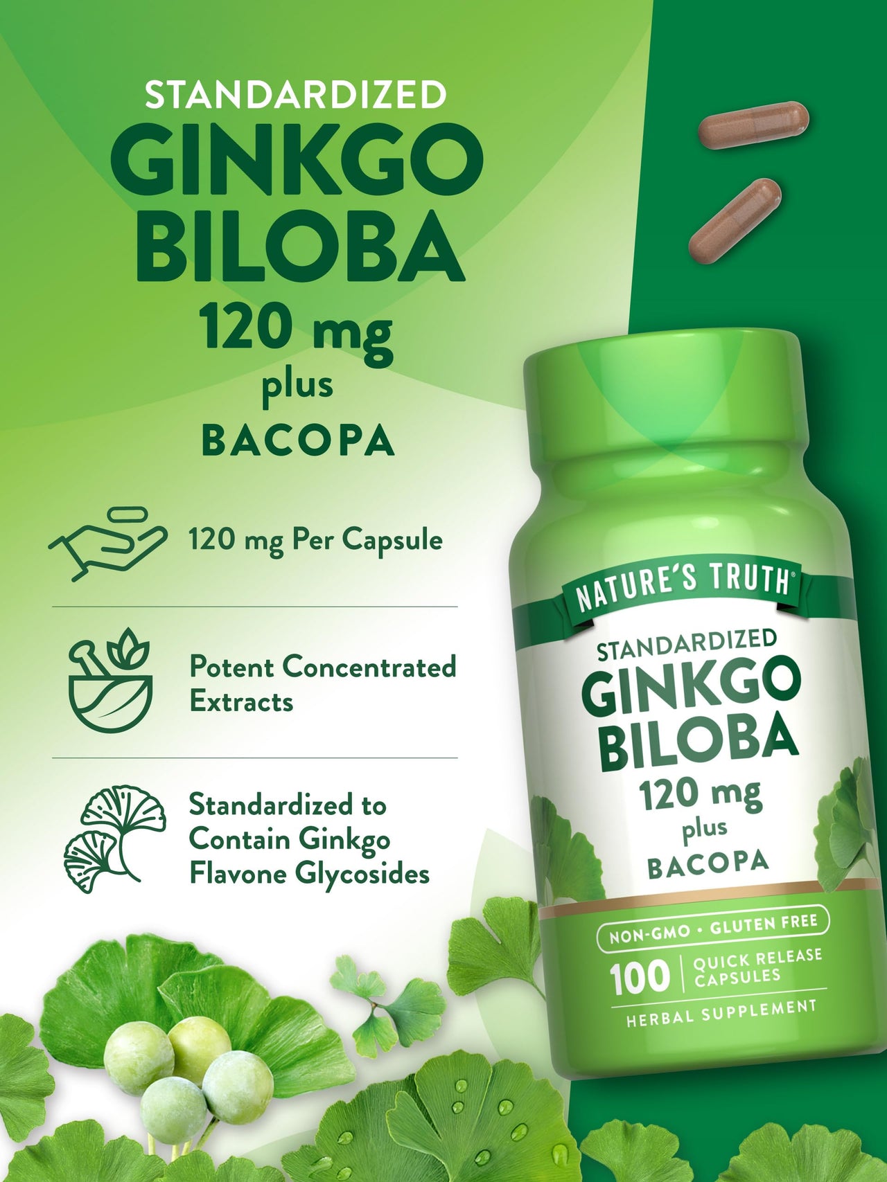 Nature's Truth Ginkgo Biloba 120mg | Plus Bacopa | 100 Quick Release Capsules | Standardized Extract | Non-GMO and Gluten Free Supplement