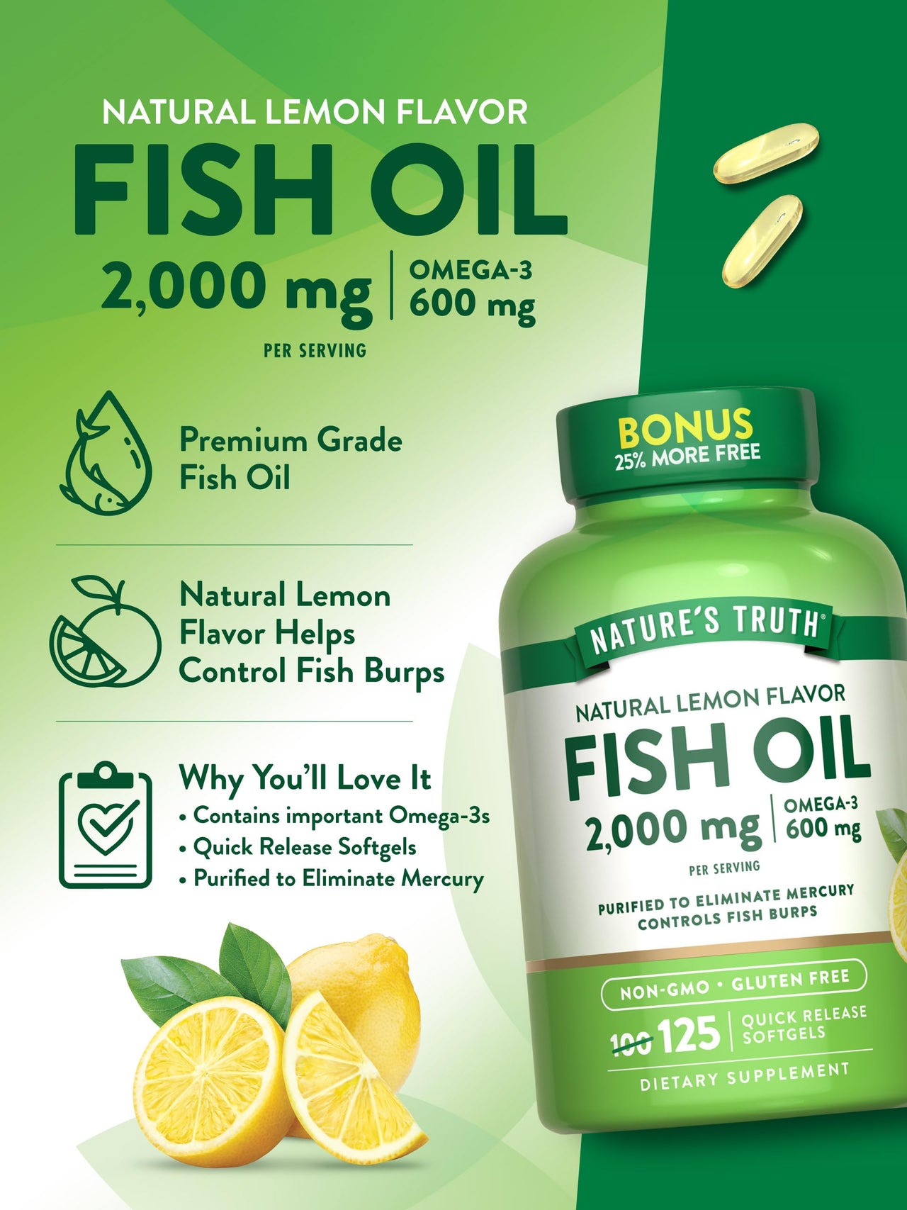 Nature's Truth Omega 3 Fish Oil 2000 mg | 125 Liquid Softgels | Burpless, Lemon Flavor Pills | Non-GMO and Gluten Free Supplement