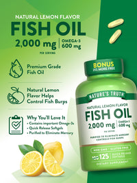 Thumbnail for Nature's Truth Omega 3 Fish Oil 2000 mg | 125 Liquid Softgels | Burpless, Lemon Flavor Pills | Non-GMO and Gluten Free Supplement