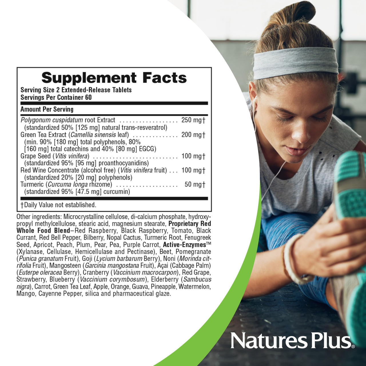 NaturesPlus Herbal Actives Resveratrol, Extended Release - 120 Tablets - Vegetarian, Gluten Free - 60 Servings
