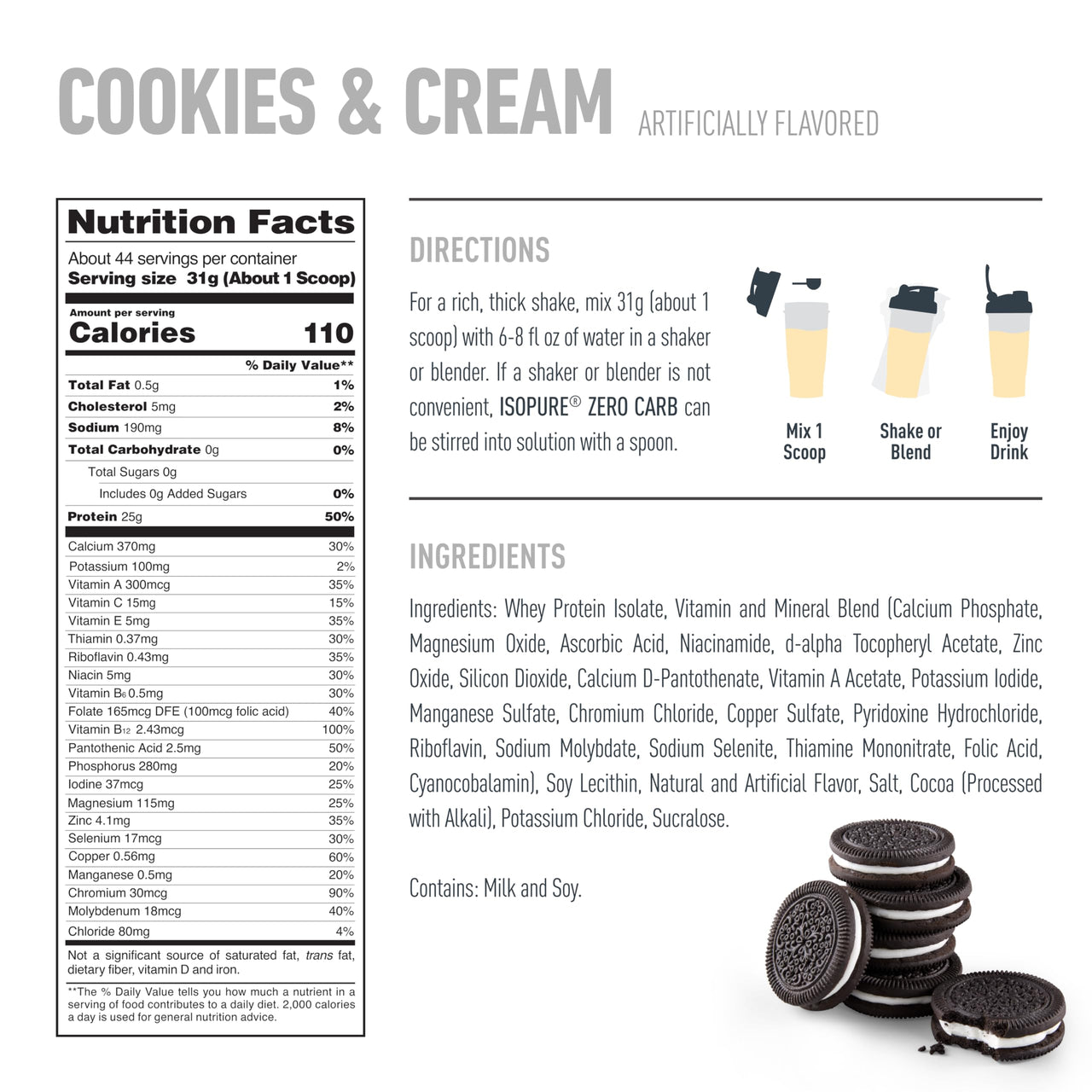 Isopure Zero Carb 100% Pure Whey Isolate Protein Powder, Gluten Free, With Vitamins, Cookies & Cream, 25g Protein Per Serving, 3 Pounds, 44 Servings (Packaging May Vary)