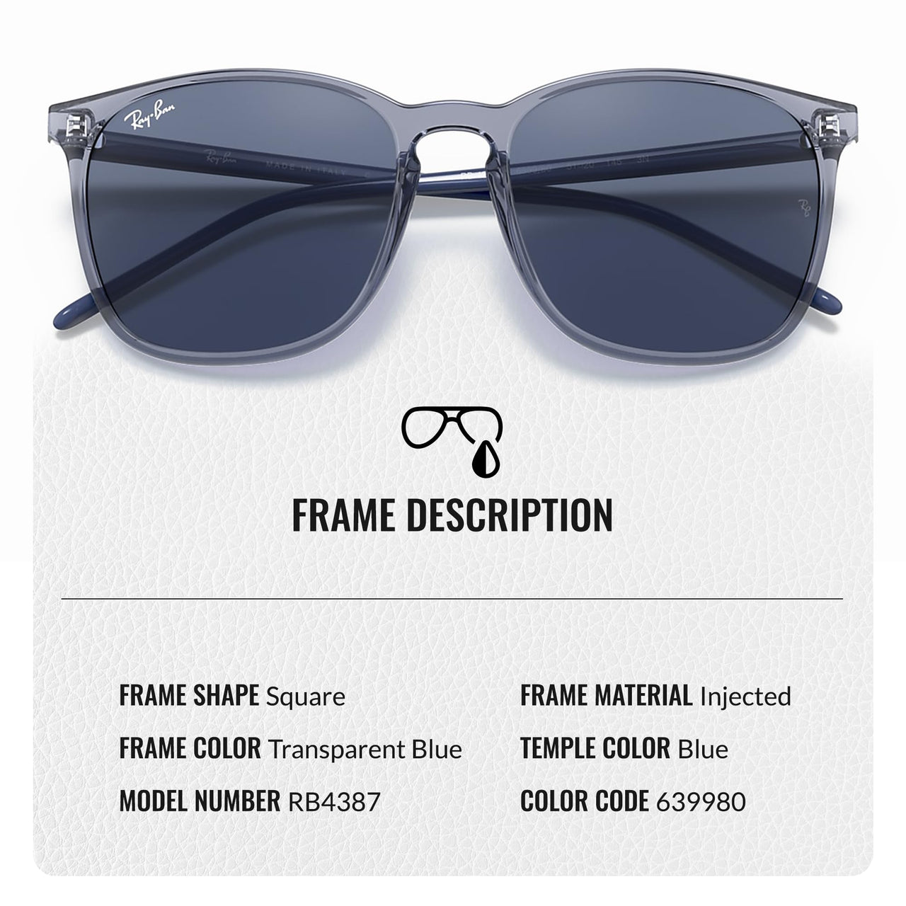 Ray-Ban RB4387 Square Shaped Non-Polarized Sunglasses for Men & Women – Includes Official RAYBAN Eyewear Kit – Ideal Formal & Casual Wear Sunglasses – Dark Blue Lens