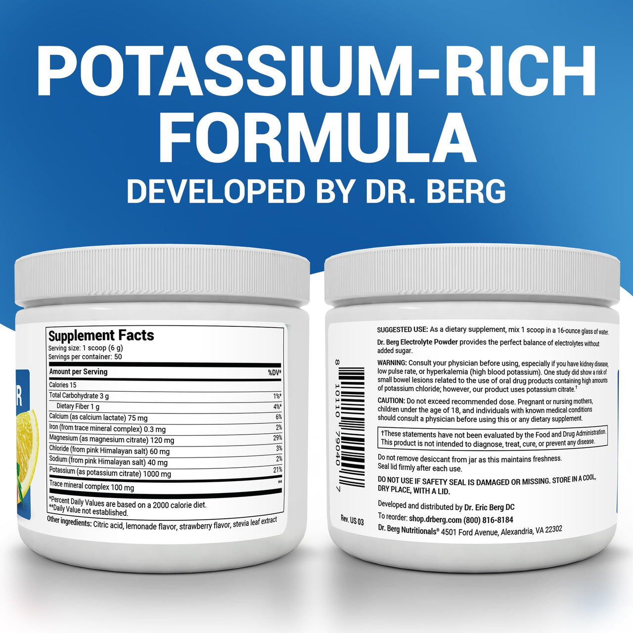 Dr. Berg Zero Sugar Hydration Keto Electrolyte Powder - Enhanced w/ 1000 mg of Potassium & Real Pink Himalayan Salt (NOT Table Salt) - Strawberry & Lemonade Hydration Drink Supplement - 50 Servings