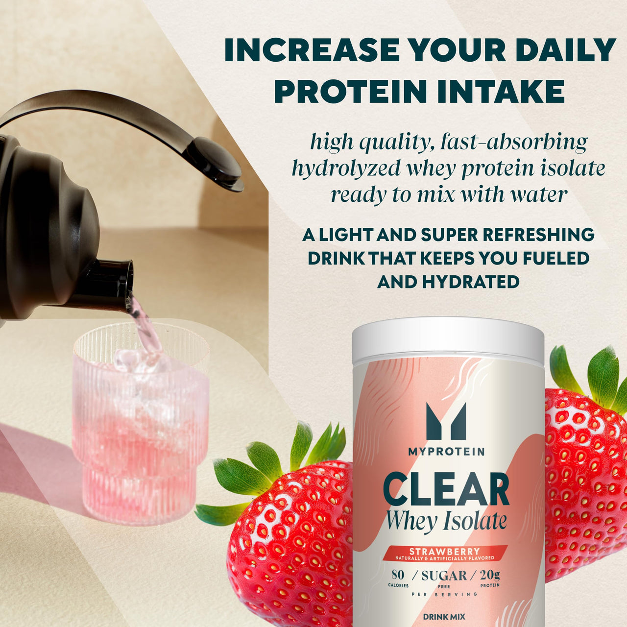 Myprotein Clear Whey Isolate Protein Powder, 20 Servings (1.1lbs) Strawberry, 20g Protein per Serving, Naturally Flavored Drink Mix, Daily Protein Intake for Superior Performance