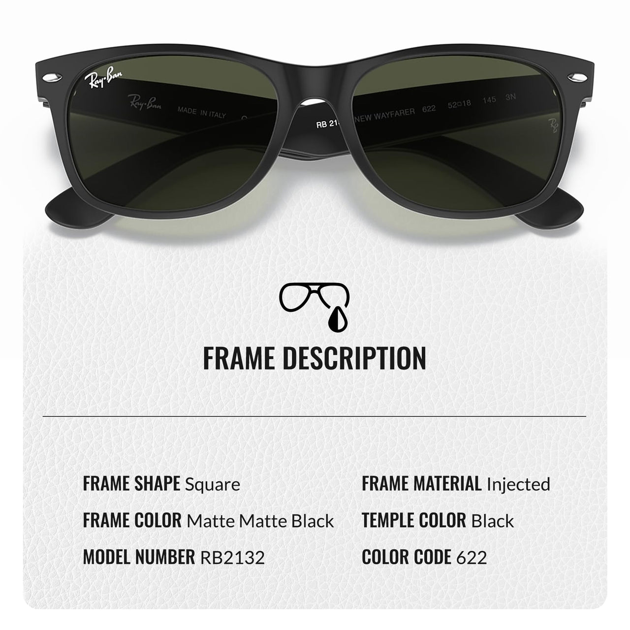 Ray-Ban RB2132 NEW WAYFARER CLASSIC Square Shaped Non-Polarized Sunglasses for Men & Women – Includes Official RAYBAN Eyewear Kit – Ideal Formal & Casual Wear Sunglasses – G-15 Green Lens