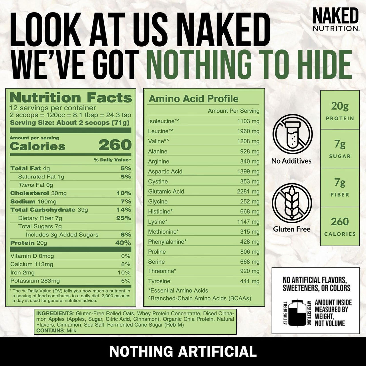 Naked Oats - Apple Cinnamon Overnight Oats, 20g Whey Protein, Gluten-Free Oatmeal Instant Breakfast or Shake, High Protein Oatmeal, High Fiber Breakfast Shake, Non GMO, No Soy - 12 Servings