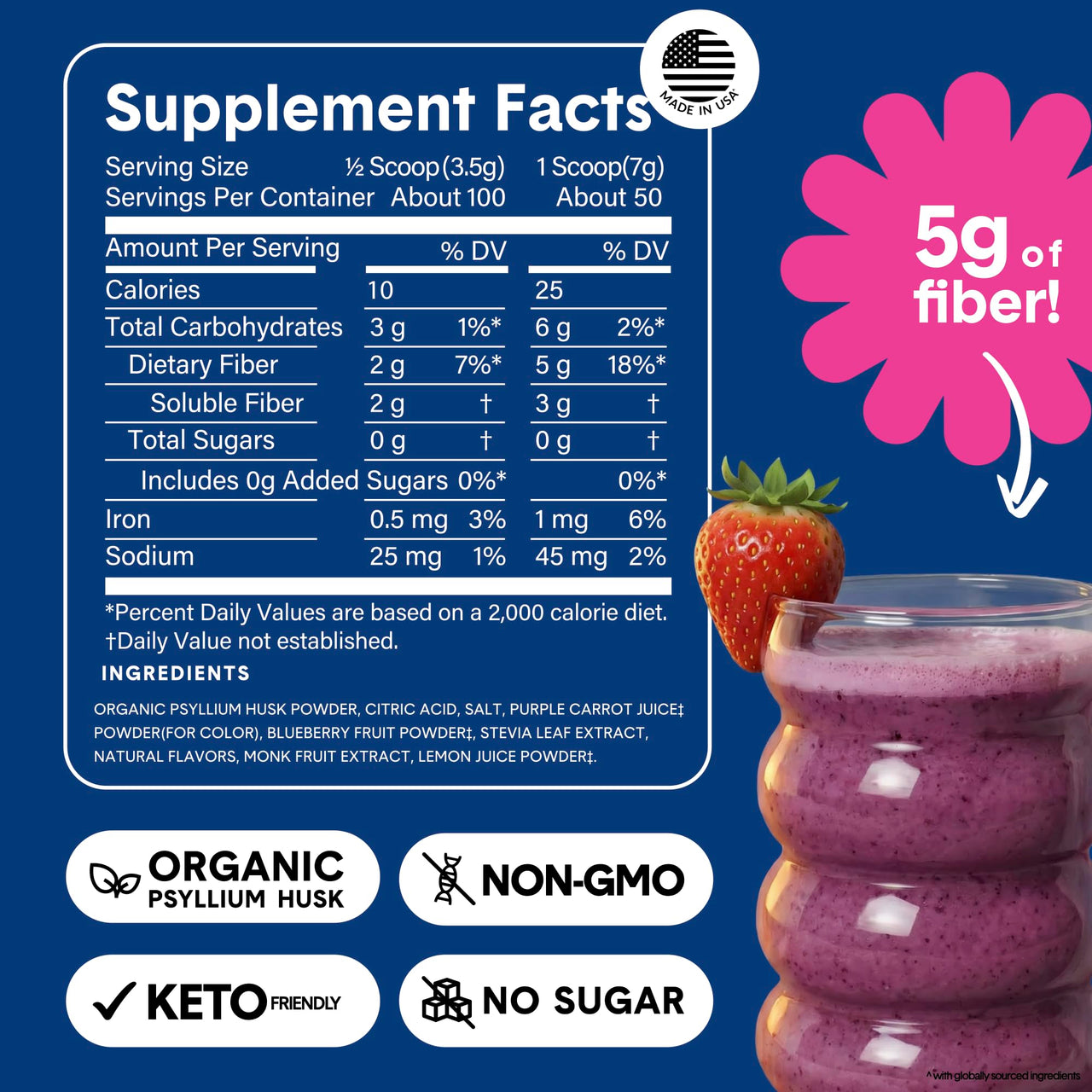 Bellway Super Fiber Powder + Fruit, Sugar Free Organic Psyllium Husk Powder Fiber Supplement for Regularity, Bloating Relief & Digestive Health, Plant-Based, Wild Berry (50 Servings)