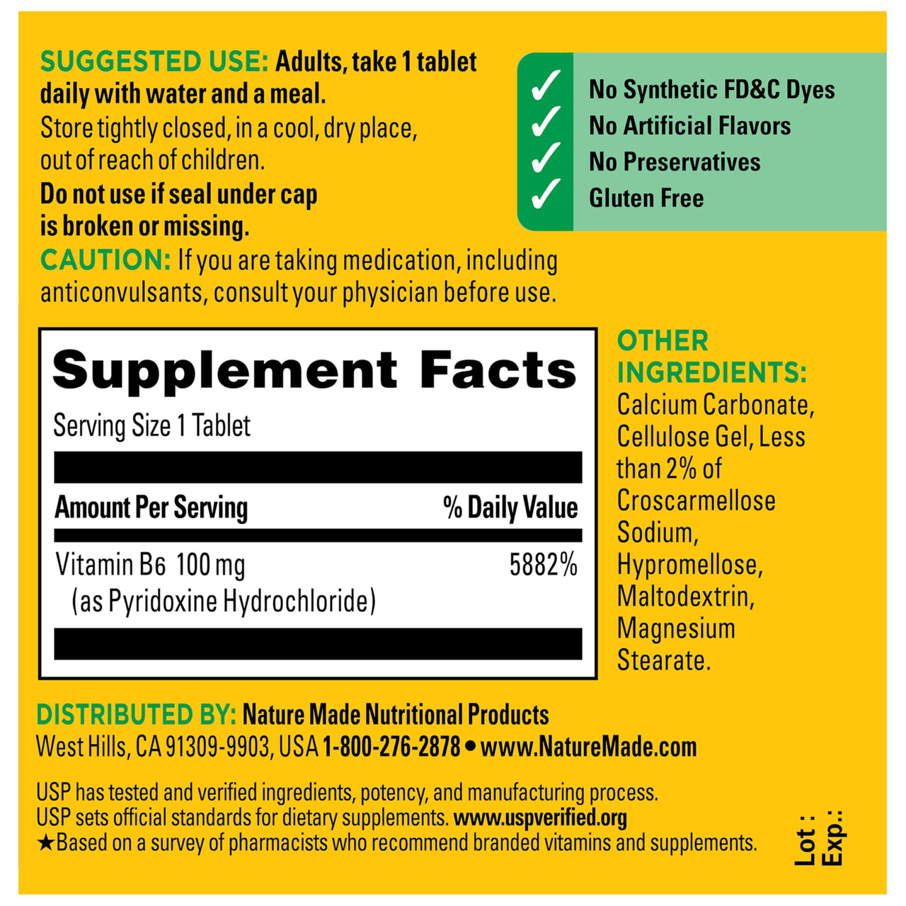 Nature Made Vitamin B6 100mg, B6 Vitamins for Energy Metabolism Support, 100 Tablets, 100 Day Supply