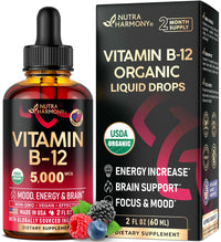 Thumbnail for USDA Organic Vitamin B12 Sublingual Drops - 5000 mcg Liquid Vegan Methylcobalamin for Women & Men - Energy Boost, Focus & Mood, Brain Health Support - Maximize Absorption - 2 Month Supply, 2 fl oz