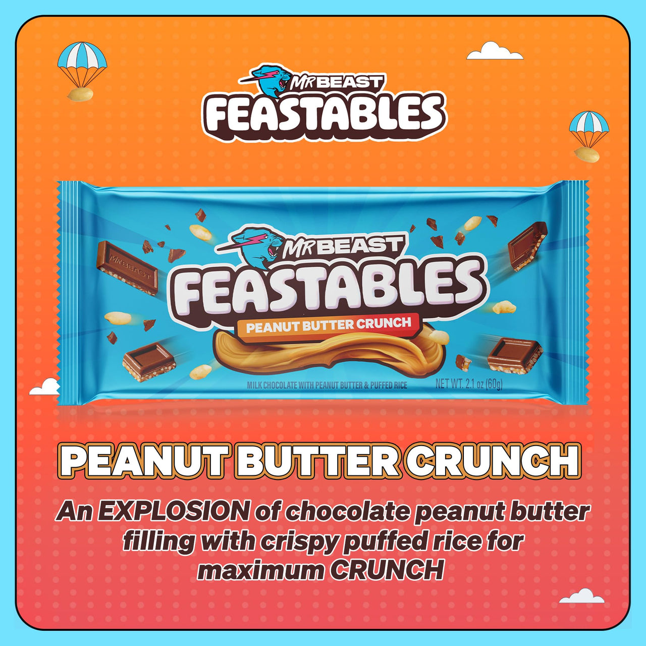 MrBeast Feastables Peanut Butter Milk Chocolate Crunch Bar, King Size, 10 Count, Peanut Butter & Crispy Rice Chocolate Candy, Fairtrade Cocoa, 2.1oz Each