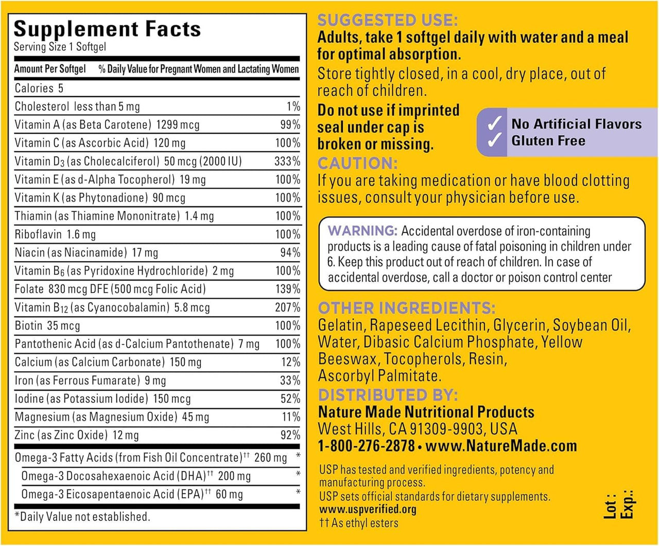 Nature Made Postnatal Multivitamin + DHA 200 mg, 60 Softgels, to Support Nursing Moms & Babies During Breastfeeding, Postnatal Vitamins & Nutrients Include Iron, Vitamin D3, Calcium, Iodine