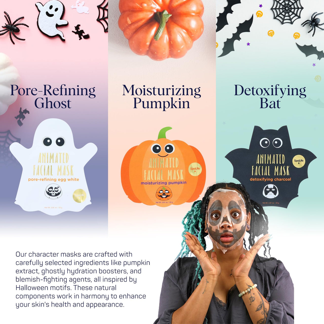 SpaLife Facial Mask Sheet Bundle - Pumpkin, Ghost, Bat - Halloween Character Mask Bundle - Face Masks for Skin Care - Moisturizing Sheet Face Masks - Skincare Pack for Women - Spa Beauty Masks