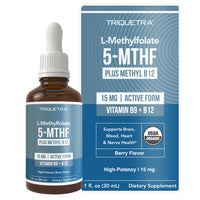 Thumbnail for L Methyl Folate 15mg Plus Methyl B12 Cofactor – Organic Berry Flavor, High Potency Liquid Sublingual Active 5-MTHF Form - Supports Mood, Methylation, Cognition – Bioactive Forms Vitamin B9 & B12 (1oz)