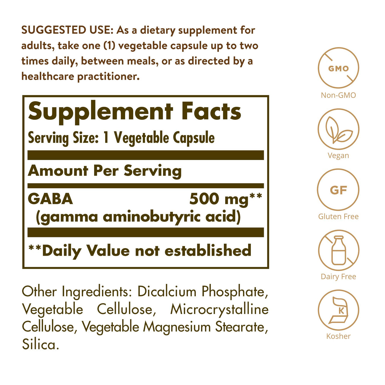 Solgar GABA 500 mg, 100 Vegetable Capsules - Relaxation & Nervous System Support - Amino Acid - Non-GMO, Vegan, Gluten Free, Dairy Free, Kosher - 100 Servings