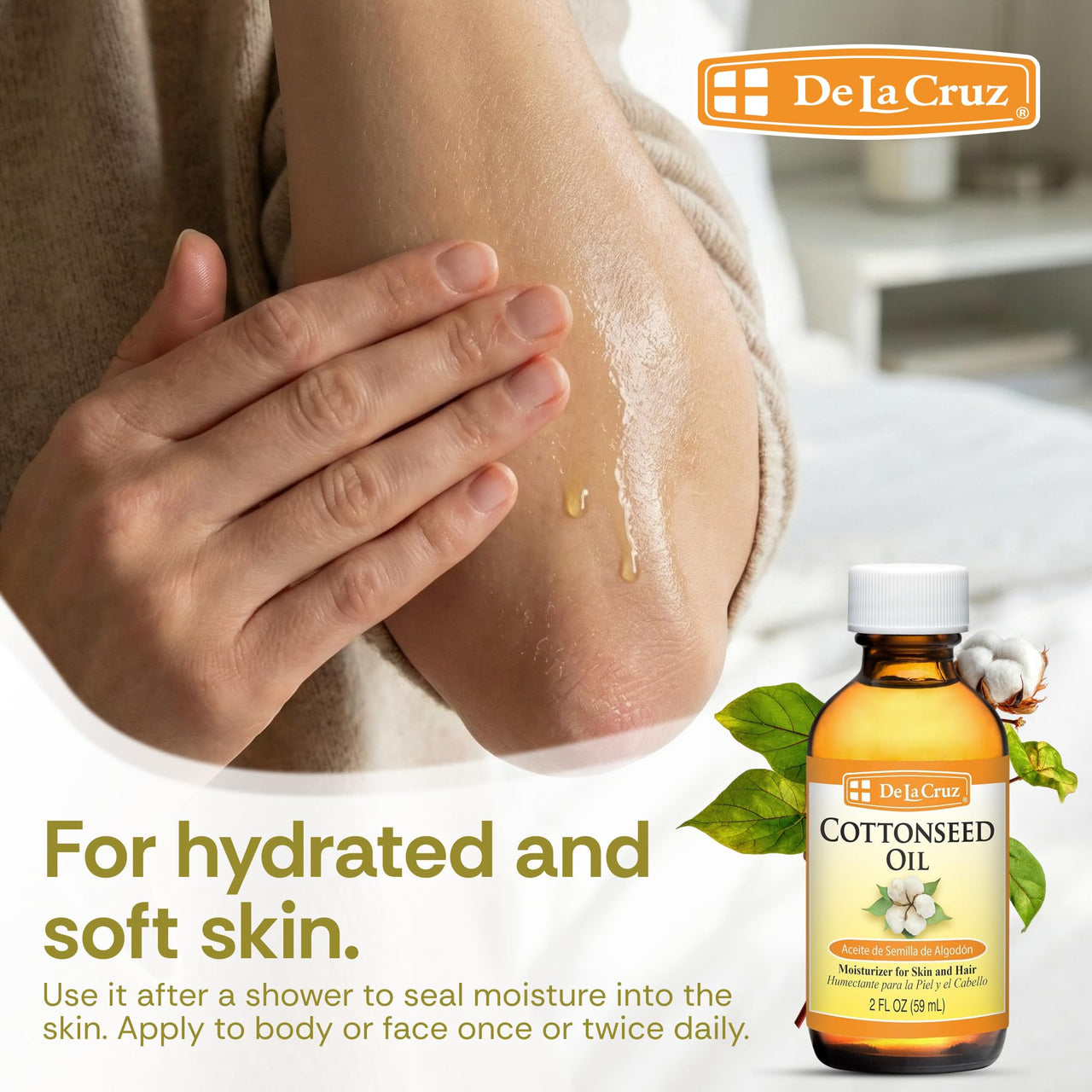 De La Cruz Cottonseed Oil - Moisturizer for Skin and Hair - Multipurpose Carrier Oil - 2 Fl OZ (1 Bottle)
