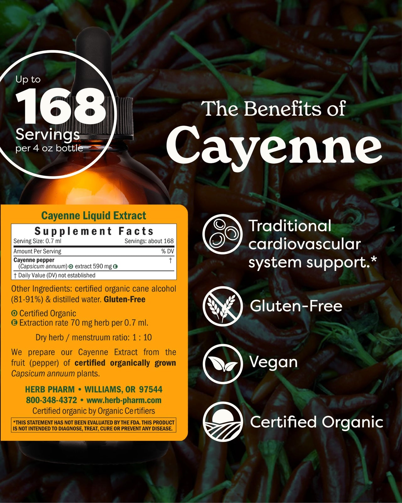 Herb Pharm Certified Organic Cayenne Liquid Extract for Cardiovascular and Circulatory Support - 4 Ounce, Brown