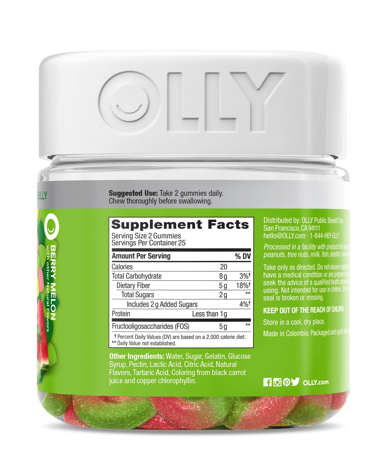 OLLY Fiber Gummy Rings, 5g Prebiotic Fiber, FOS (Fructo-oligosaccharides), Digestive Support, Berry Melon 50ct (Pack of 2)