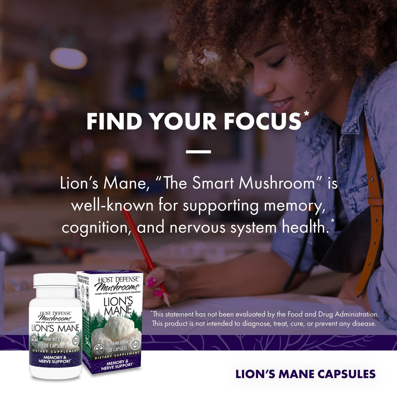 Host Defense Mushrooms Lion's Mane - Brain Health Support Supplement for Focus & Memory Function - Immune & Nervous System Support Supplement- 30 Capsules