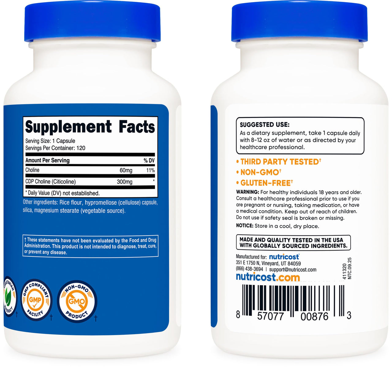Nutricost CDP Choline (Citicoline) 300mg, 120 Vegetarian Capsules - Non-GMO, Vegetarian Friendly, Gluten Free