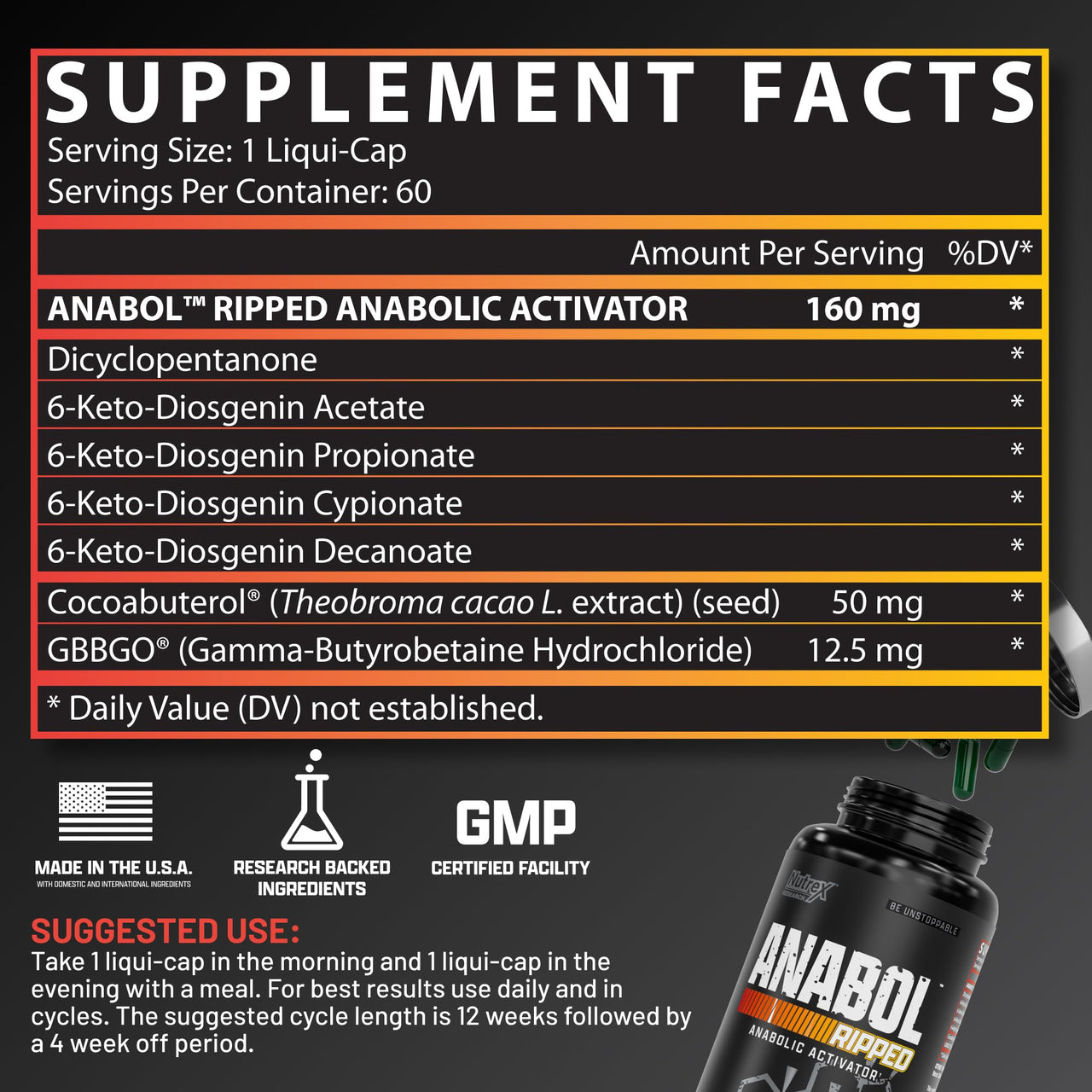 Nutrex Research Anabol Ripped Anabolic 2 in 1 Muscle Builder for Men Muscle Growth Supplements Shredding Formula Recovery Thermogenic Support Lean Physique 60 Count