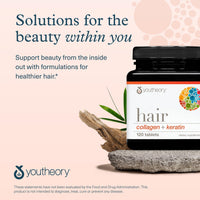 Thumbnail for Youtheory Hair Collagen + Keratin - Advanced Collagen & Keratin Supplement - Supports Hair Growth & Nail Health - Aids Anti-Aging - 120 Tablets (20-Day Supply)