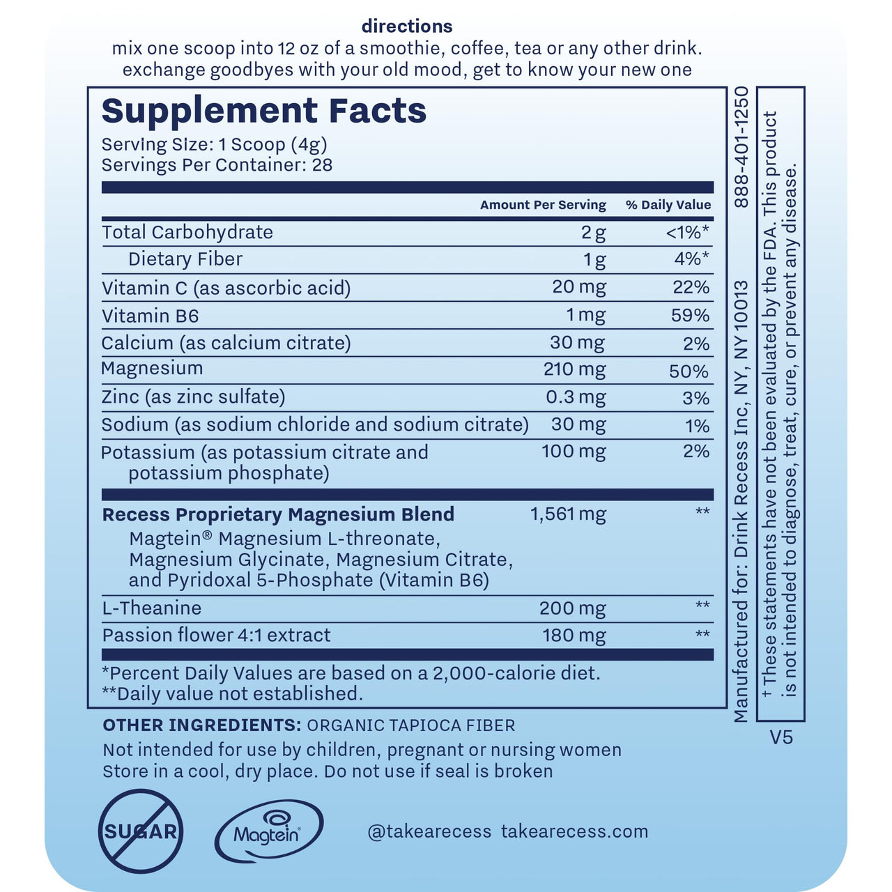 Recess Mood Powder, Calming Magnesium L-Threonate Blend with Passion Flower, L-Theanine, Electrolytes, Magnesium Calm Support Powder Supplement - Unflavored 28 Serving Tub