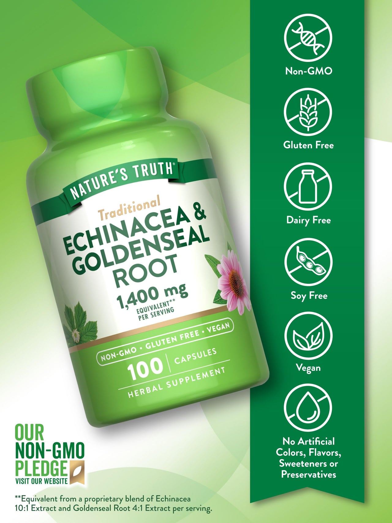 Nature's Truth Echinacea Goldenseal Capsules | 100 Count | Vegan, Non-GMO & Gluten Free Supplement | Herbal Support Complex