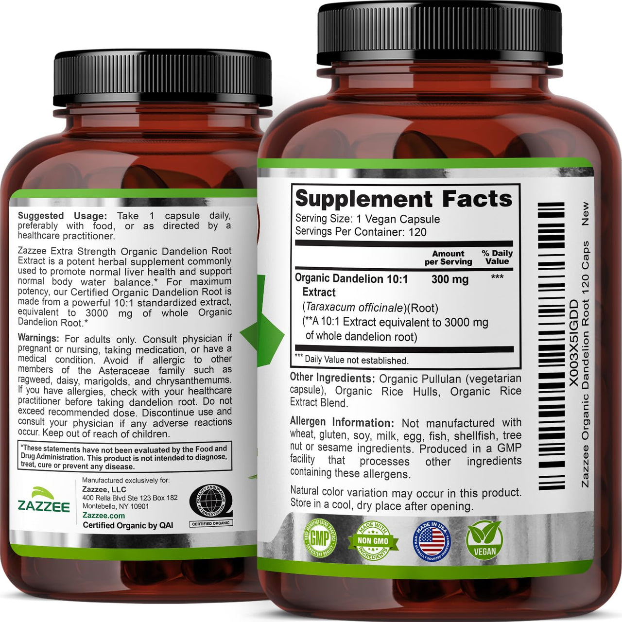 Zazzee USDA Organic Dandelion Root 10:1 Extract, 3000 mg Strength, 120 Capsules, 4 Month Supply, Standardized and Concentrated 10X Extract, 100% Vegetarian, All-Natural and Non-GMO