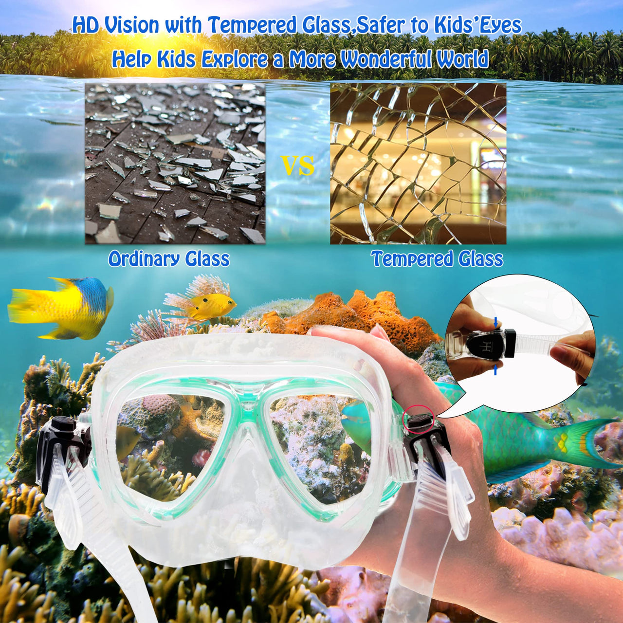 Kids Snorkeling Set with Fins Anti Leak Snorkeling Gear for Kids with Adjustable Flippers, Youth Junior Full Dry Snorkel Set Swimming Goggles with Nose Cover Diving Mask Scuba with Bag, 5-14 Yrs
