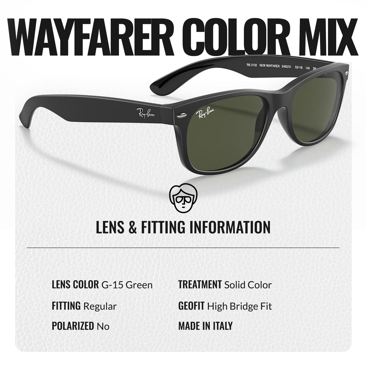 Ray-Ban RB2132 NEW WAYFARER COLOR MIX Square Shaped Non-Polarized Sunglasses for Men & Women – Includes Official RAYBAN Eyewear Kit – Ideal Formal & Casual Wear Sunglasses – G-15 Green Lens