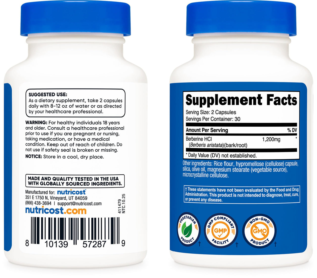 Nutricost Berberine HCl 1200mg , 60 Vegetarian Capsules - Gluten Free & Non-GMO