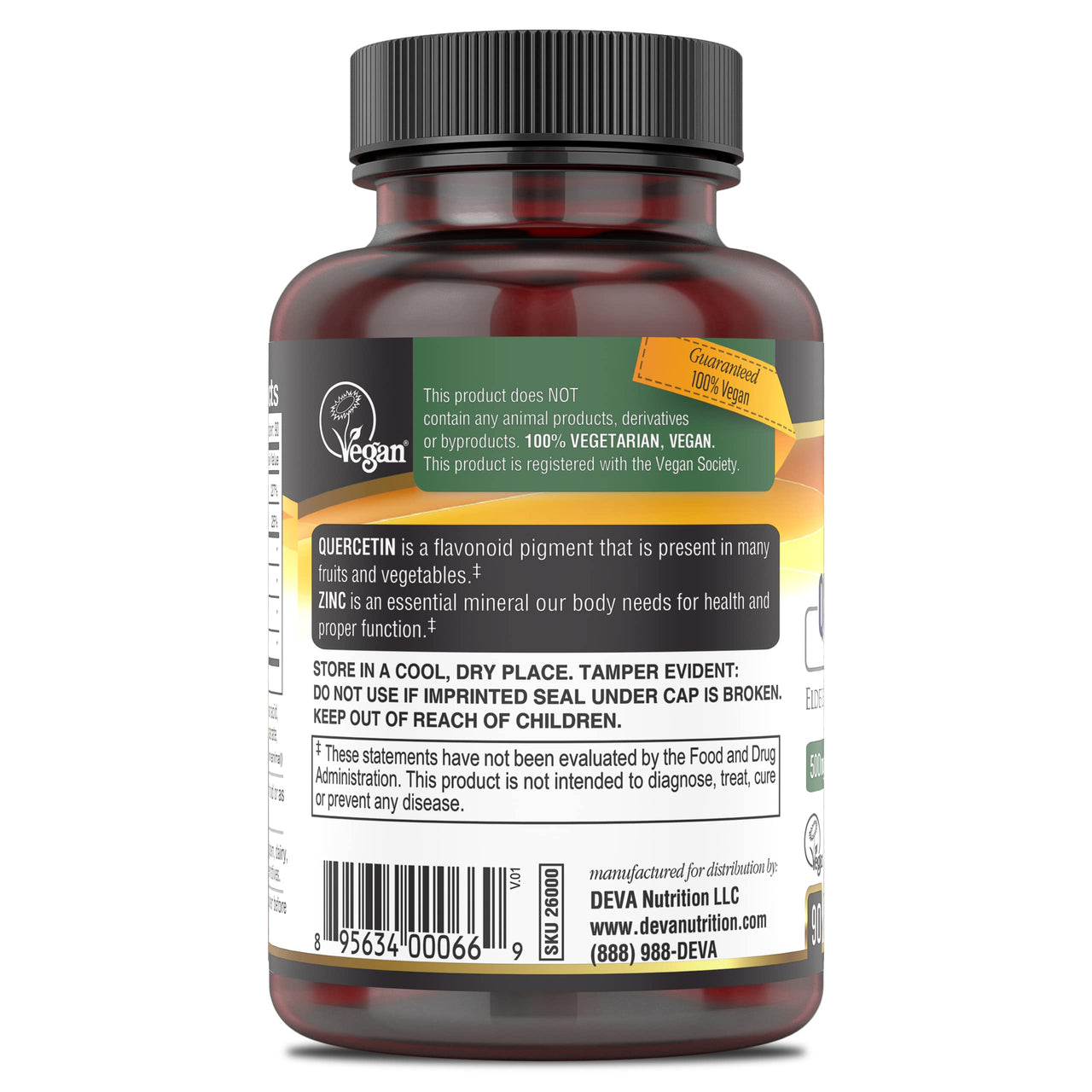 DEVA Vegan Quercetin 500mg Plus 25mg Zinc with Elderberry, Echinacea and Oregano Extracts -No Animal Ingredients - 90 Tablets, 1-Pack
