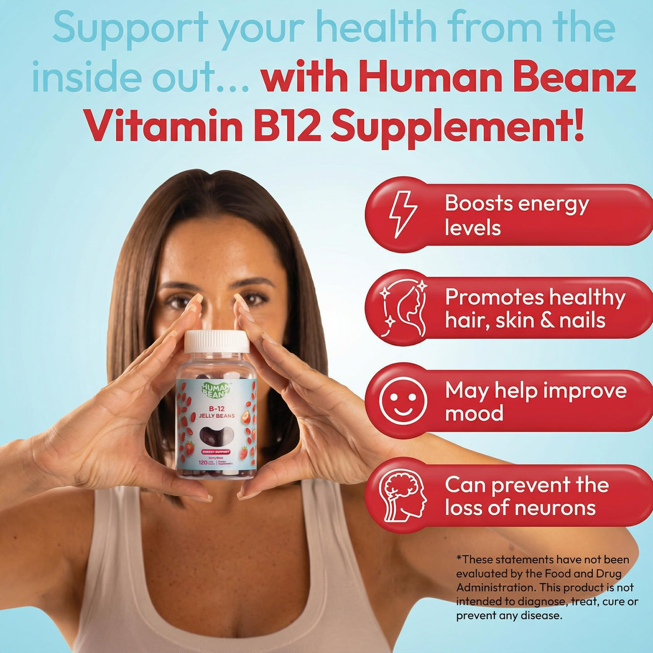 Human Beanz Methylated Vitamin B12, Jelly Bean Gummies for Adults, Brain Health and Energy Booster, Healthy Hair, Skin, and Nails, Nutritional Vegetarian Supplements, 120 Jelly Beans