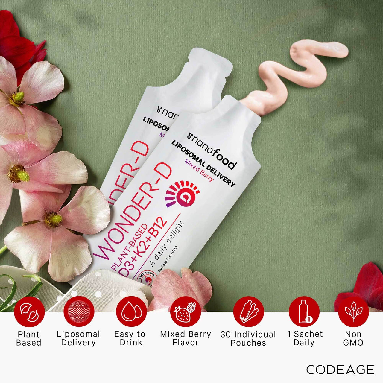 Codeage Liposomal Vitamin D3 Liquid Supplement Sachet, Wonder-D Cholecalciferol Vegan Liquid Multivitamin, Plant-Based Vitamins K2 B12, Non-GMO Phospholipids, Vitamin E, Berry Flavor - 30 Pouches