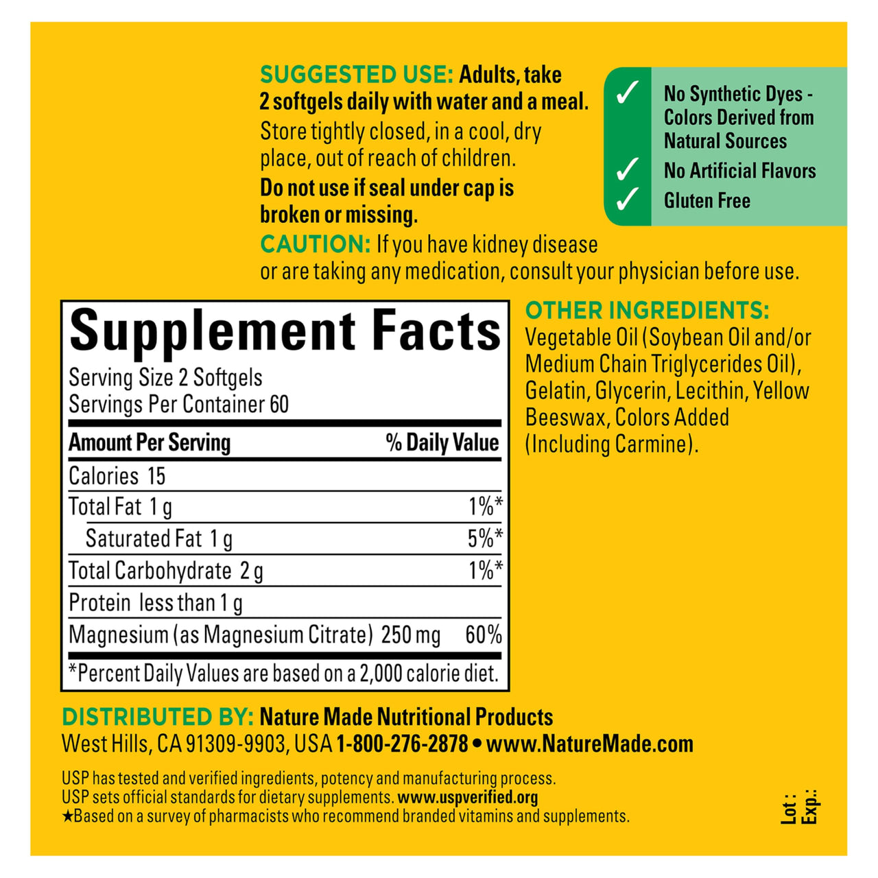 Nature Made Magnesium Citrate 250 mg per serving, Magnesium Supplements for Men and Women, Support for Muscle, Nerve, Bone and Heart, 120 Softgels, 60 Day Supply