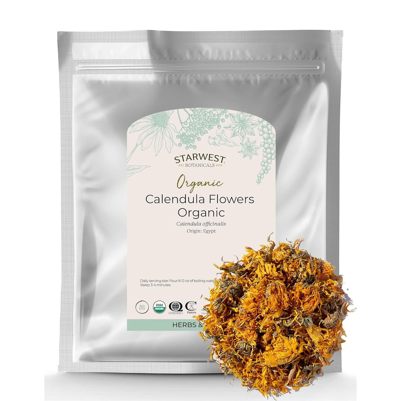 Starwest Botanicals Organic Dried Calendula Flowers - Natural Loose Leaf Herb for Tea & Culinary Use, Herbal Calendula Petals, Caffeine Free, Certified Kosher, Non-GMO - Bulk 1 lb Bag