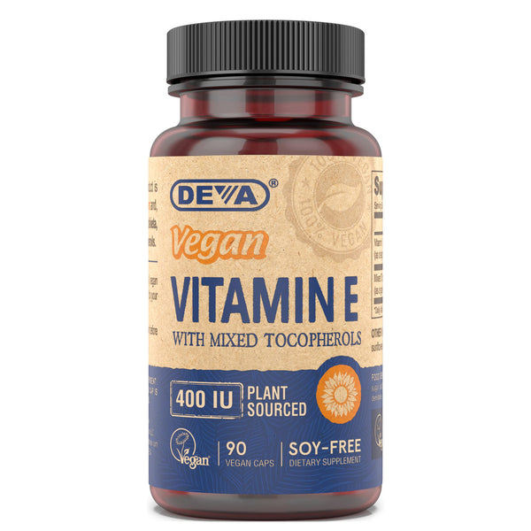 DEVA Vegan Vitamins Natural Vitamin E 400IU with Mixed Tocopherols, Supports Immune System & Skin Nutrition, Natural Antioxidant & Gluten Free, Dairy Free, Non-GMO, 90 Capsules