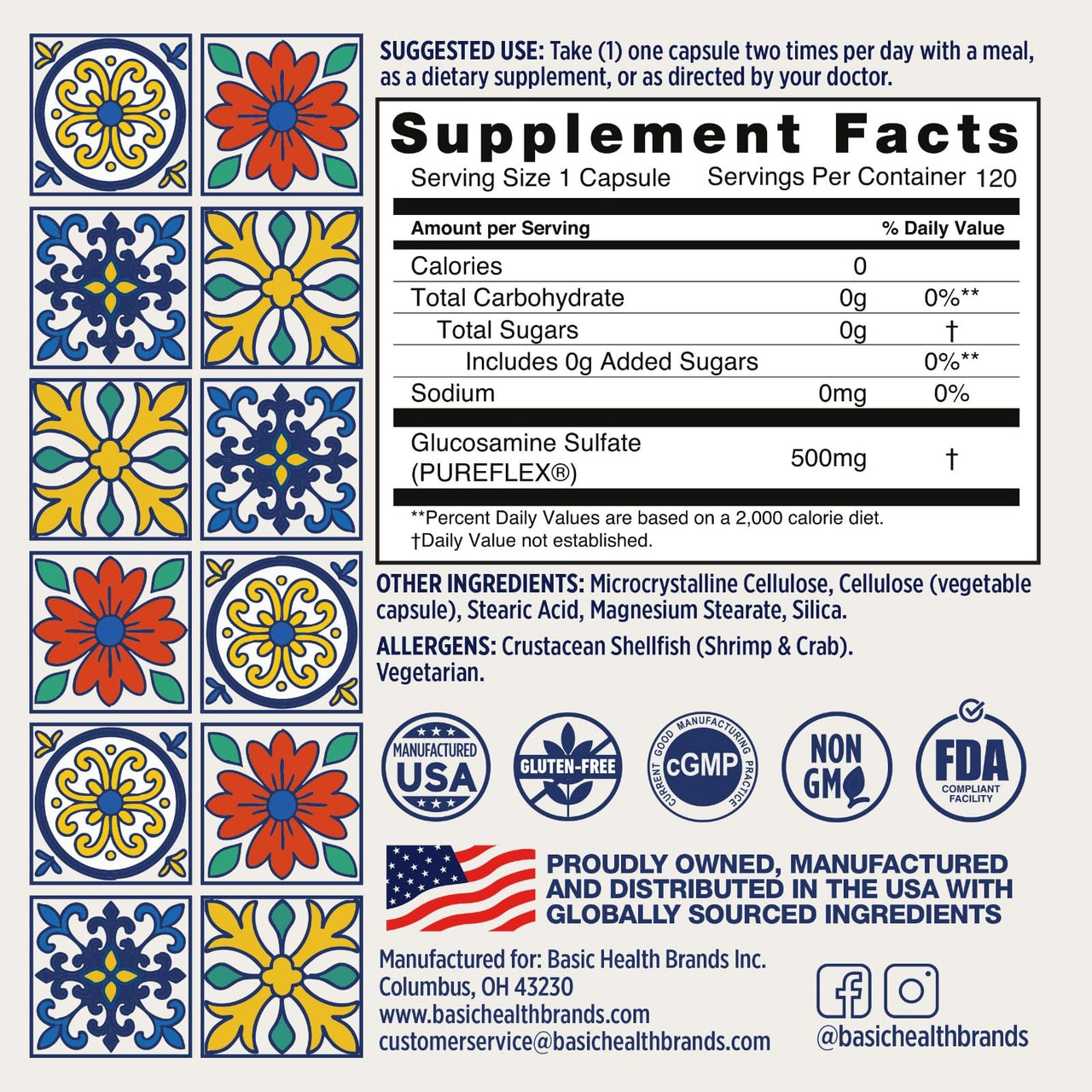 Basic Brands Pura Salud Pureflex Glucosamine Sulfate 500mg â€“ Joints, Vision & Bones Support â€“ Promotes Flexibility, Comfort & Mobility â€“ 120 Capsules, Gluten-Free, Made in USA