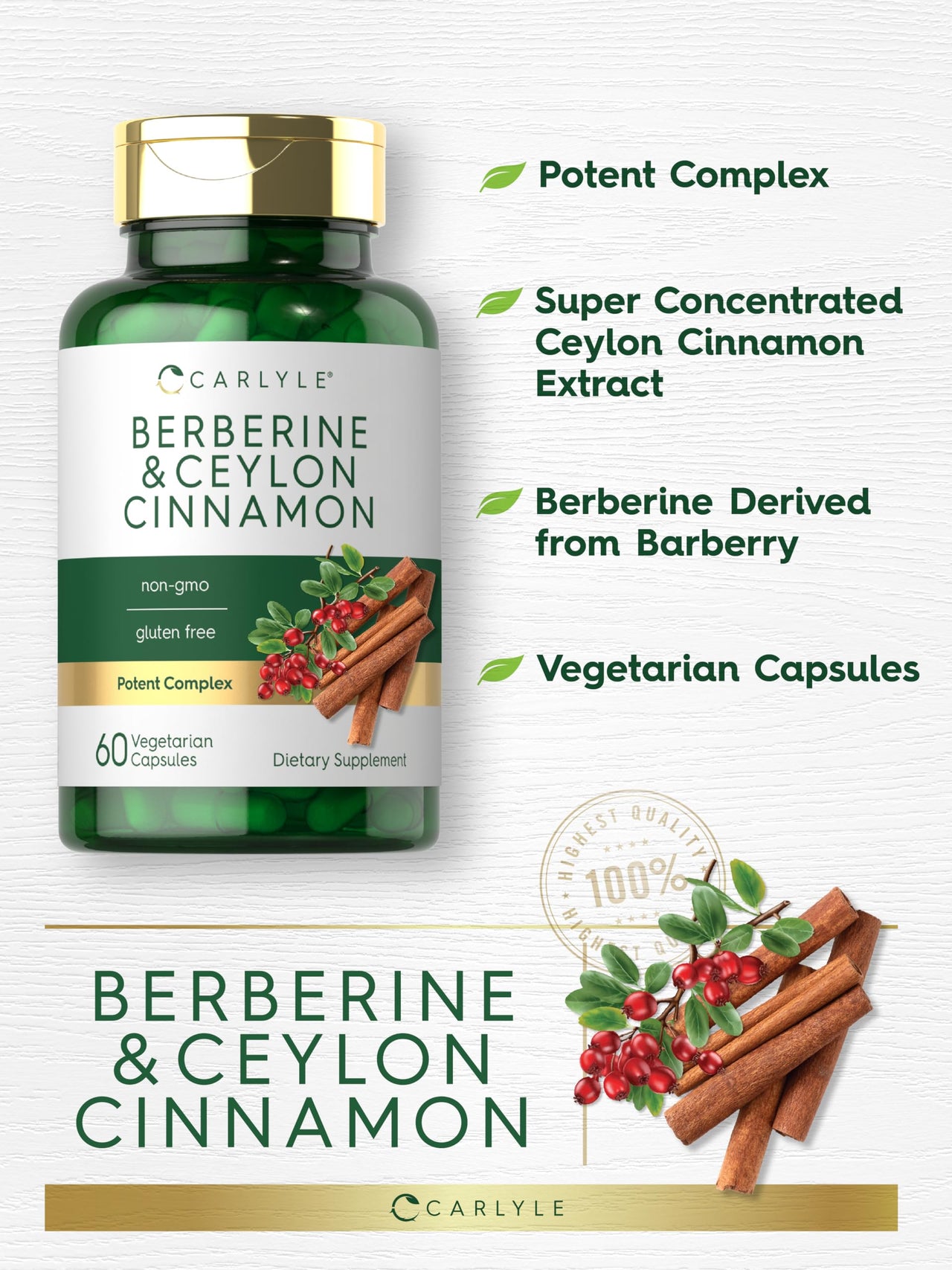 Carlyle Berberine with Ceylon Cinnamon | 60 Capsules | Vegetarian, Non-GMO, Gluten Free